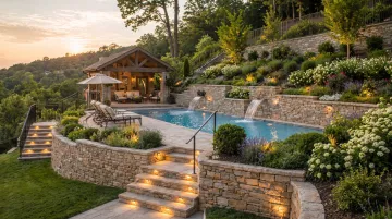 Completed multi-level hillside pool terrace with stone coping lighting and landscaping