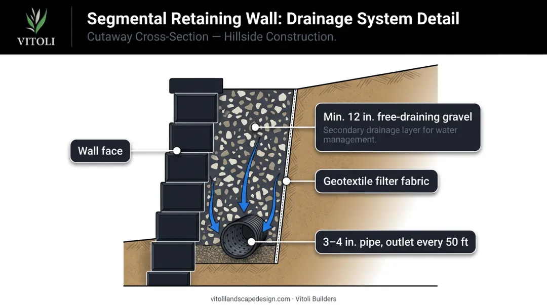Three-component segmental retaining wall drainage system cross-section diagram