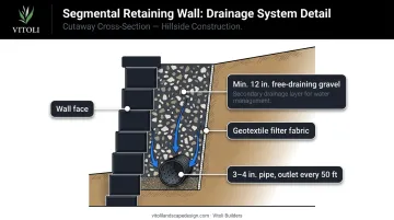 Three-component segmental retaining wall drainage system cross-section diagram