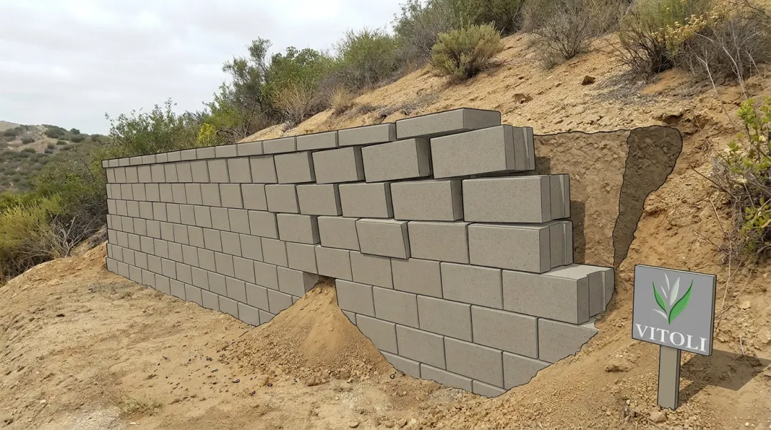 Failed retaining wall showing forward lean and block rotation from missing geogrid reinforcement