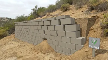 Failed retaining wall showing forward lean and block rotation from missing geogrid reinforcement