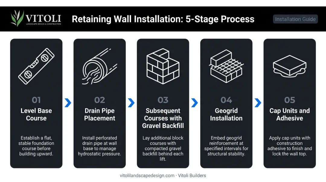 Five-step segmental retaining wall installation process flow infographic