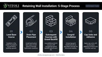 Five-step segmental retaining wall installation process flow infographic