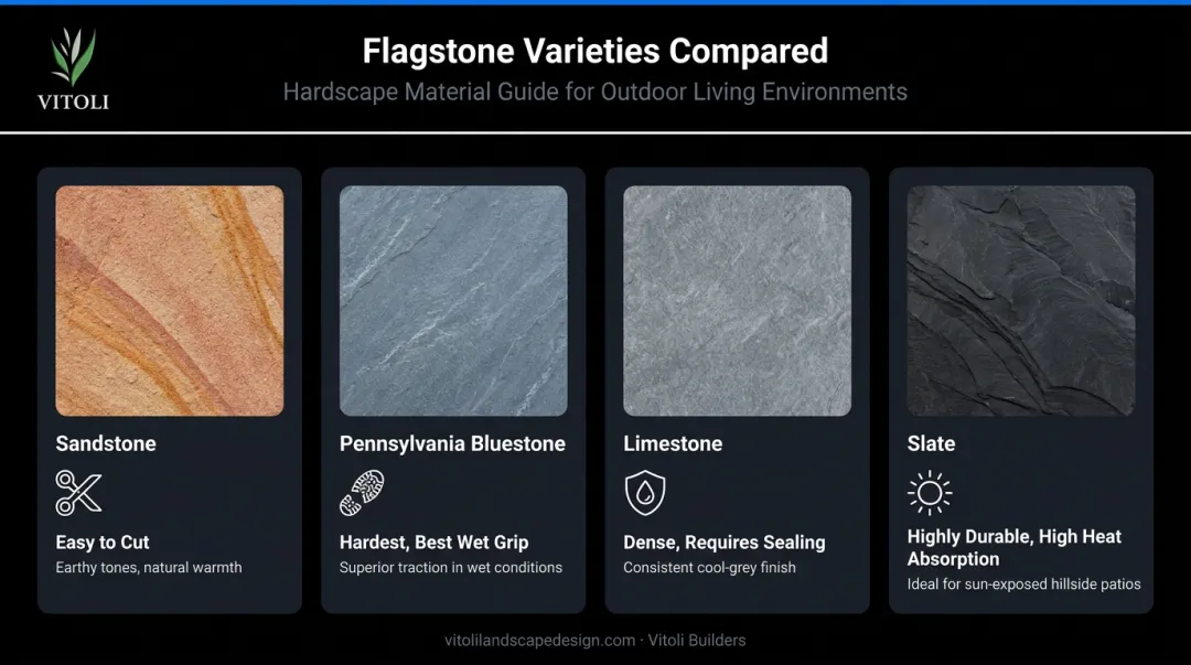 Four flagstone varieties comparison chart showing color durability and heat properties