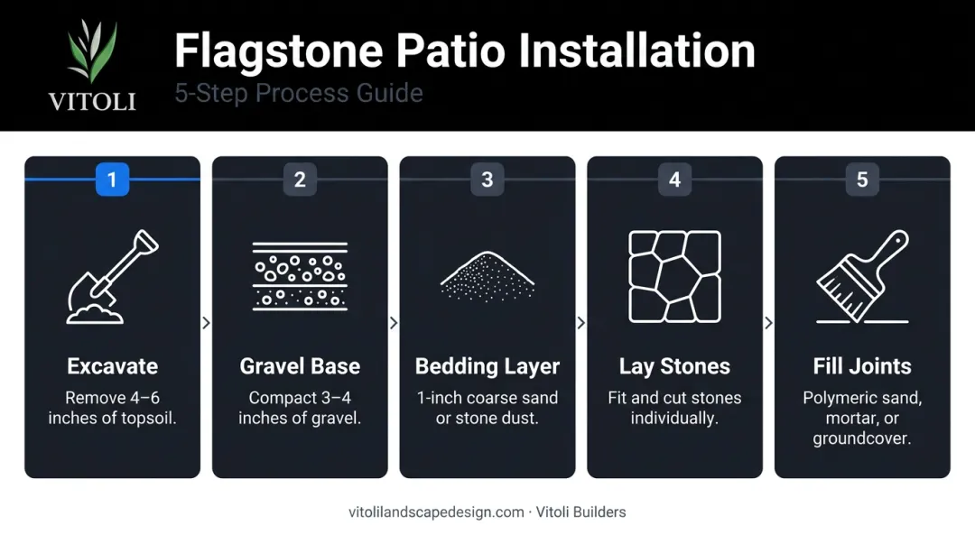 Five-step flagstone patio installation process flow from excavation to joint filling
