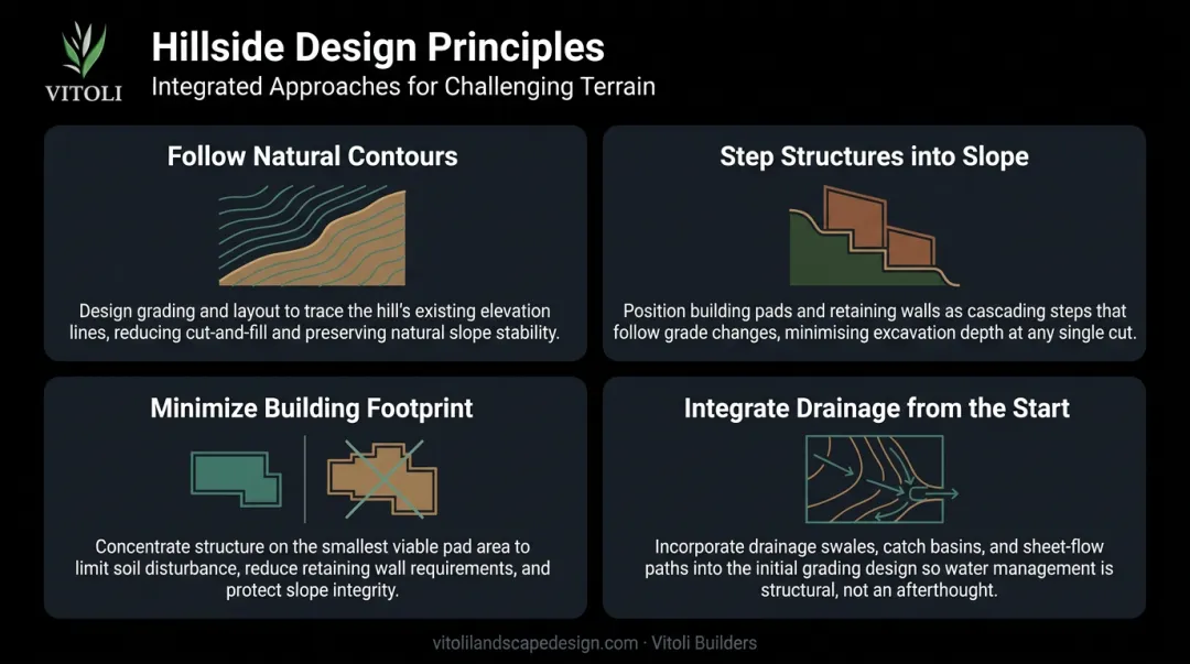 Four hillside grading design principles contour following stepped structure and drainage integration