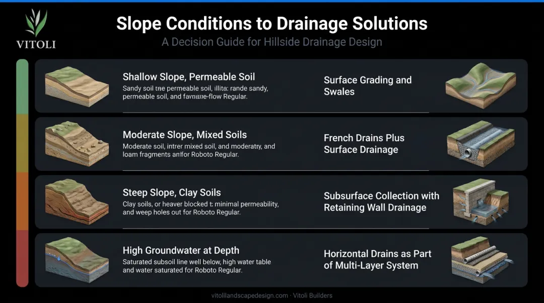 Slope condition drainage system matching guide shallow to steep hillside properties