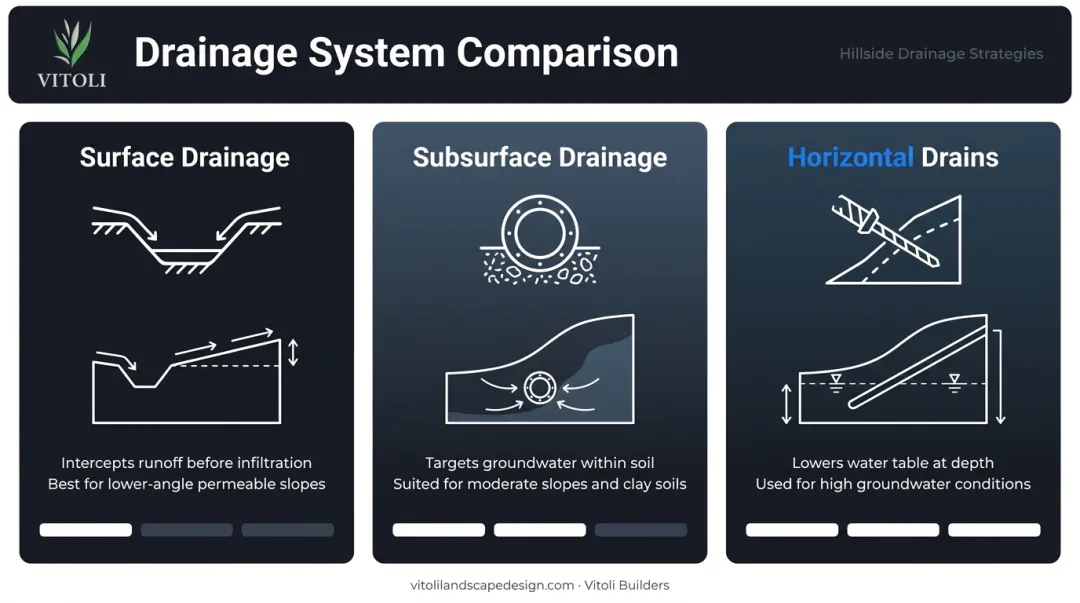 Three hillside slope drainage system types surface subsurface horizontal comparison