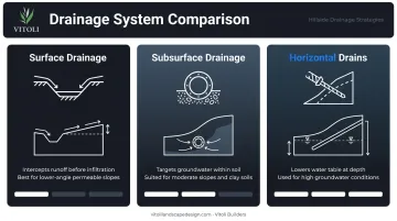 Three hillside slope drainage system types surface subsurface horizontal comparison