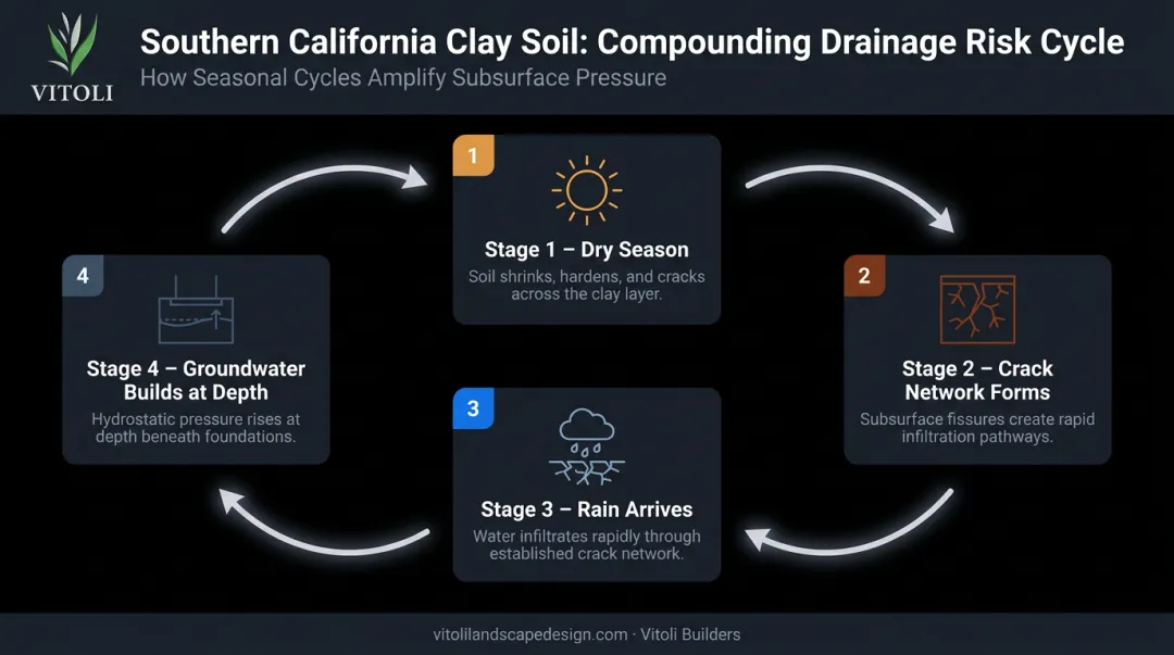 Southern California clay soil drought-crack-rain infiltration cycle infographic