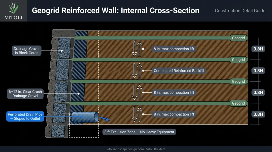 Geogrid retaining wall reinforced zone backfill compaction and drainage installation layers