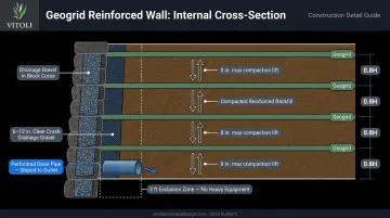 Geogrid retaining wall reinforced zone backfill compaction and drainage installation layers