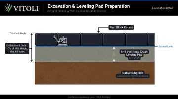 Geogrid retaining wall excavation and leveling pad preparation cross-section diagram