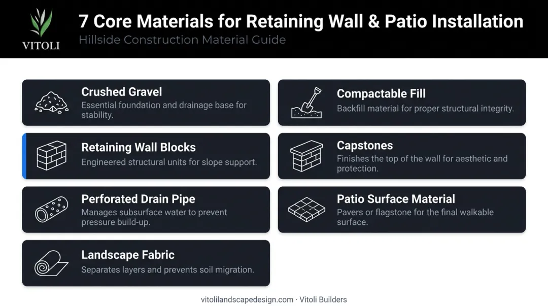 Retaining wall and patio installation core materials checklist infographic