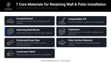 Retaining wall and patio installation core materials checklist infographic