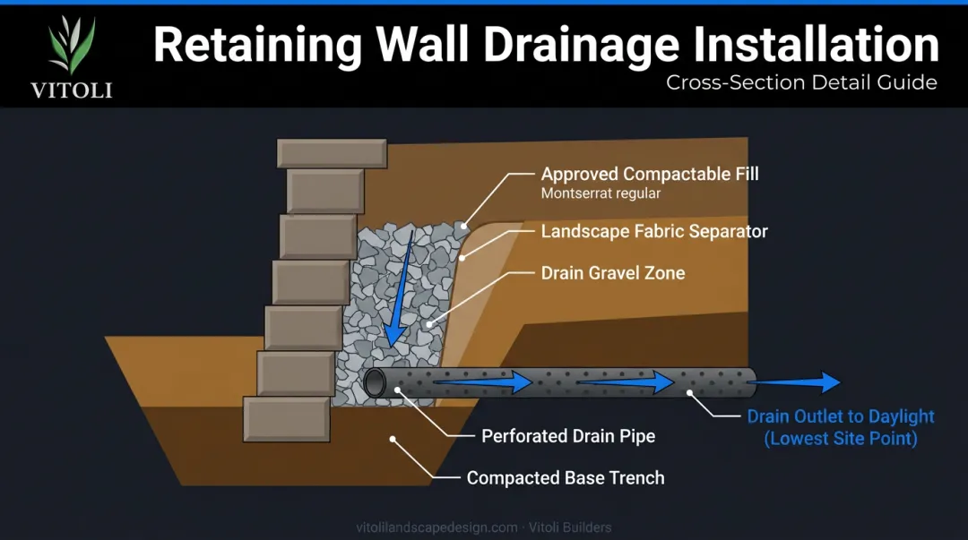 Retaining wall drainage installation cross-section diagram with drain pipe and gravel zone