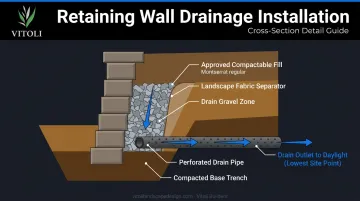 Retaining wall drainage installation cross-section diagram with drain pipe and gravel zone