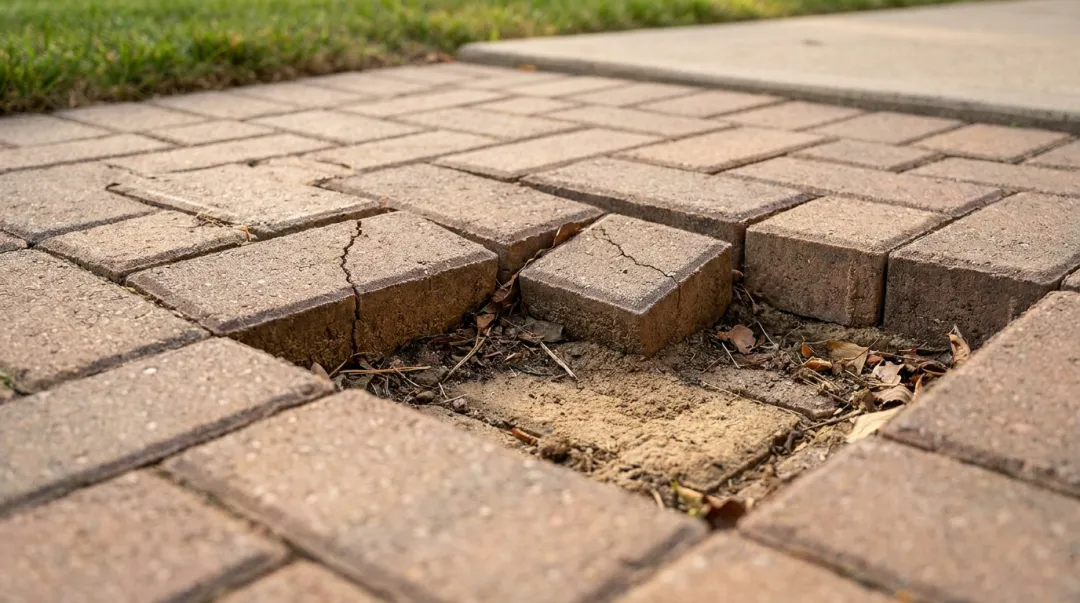 Cracked and settled patio surface showing subsidence damage from improper sub-base compaction