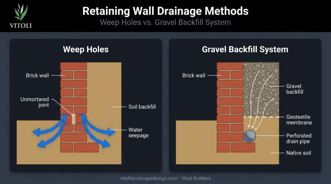 Two drainage methods for retaining brick walls weep holes versus gravel backfill comparison
