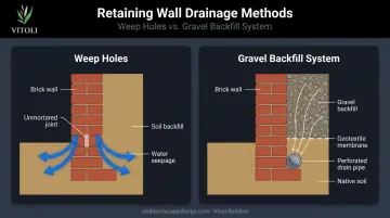 Two drainage methods for retaining brick walls weep holes versus gravel backfill comparison