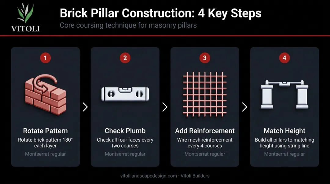 4-step brick pillar coursing discipline process flow diagram with icons