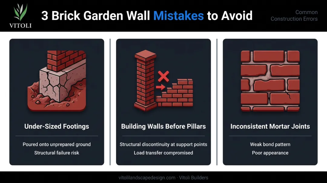 Three most common brick garden wall mistakes with causes and consequences listed