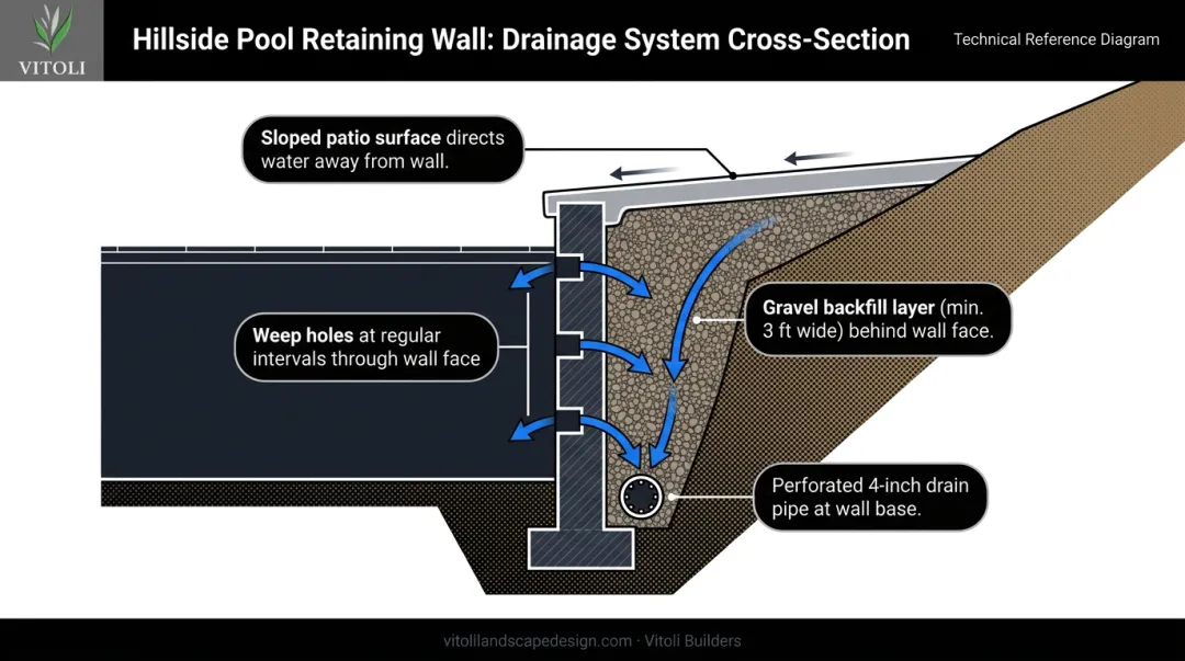 Hillside pool retaining wall drainage system cross-section showing gravel backfill and drain pipe