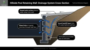 Hillside pool retaining wall drainage system cross-section showing gravel backfill and drain pipe