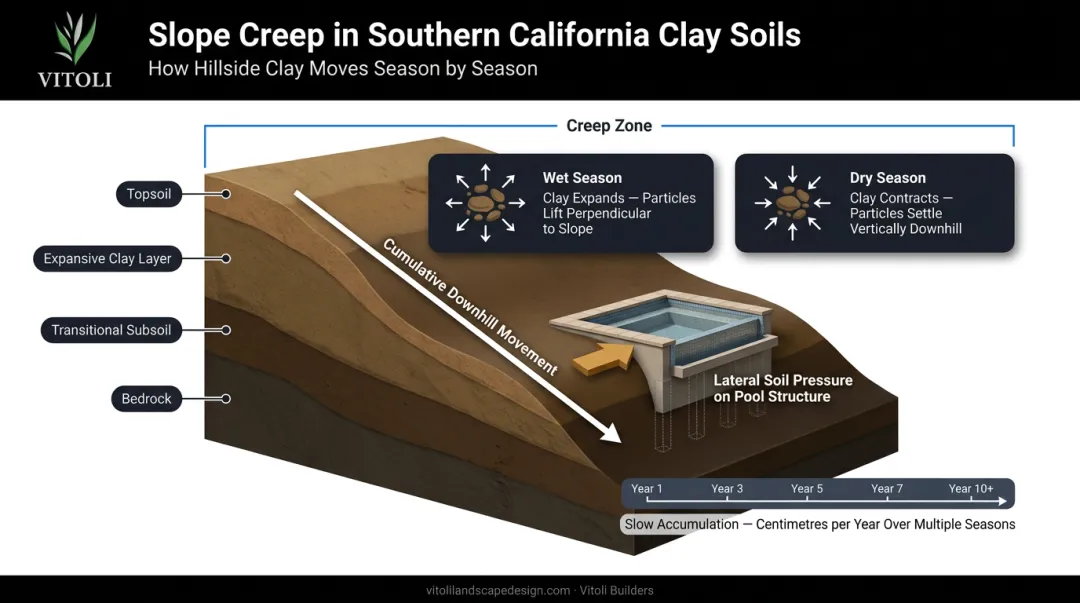 Southern California slope creep process showing clay soil movement downhill over time