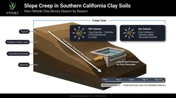 Southern California slope creep process showing clay soil movement downhill over time