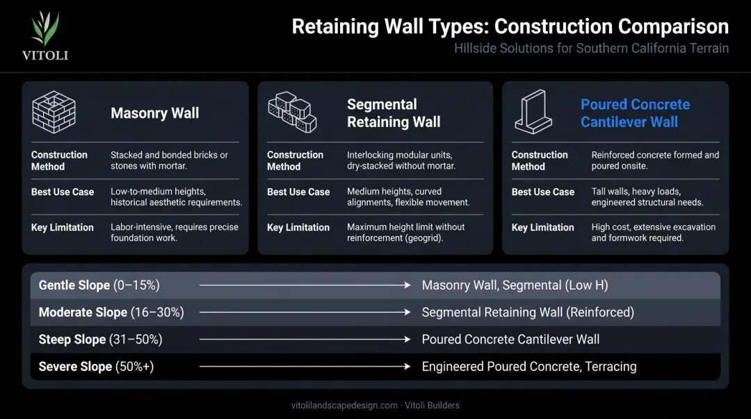 Three retaining wall types comparison chart for hillside pool construction scenarios