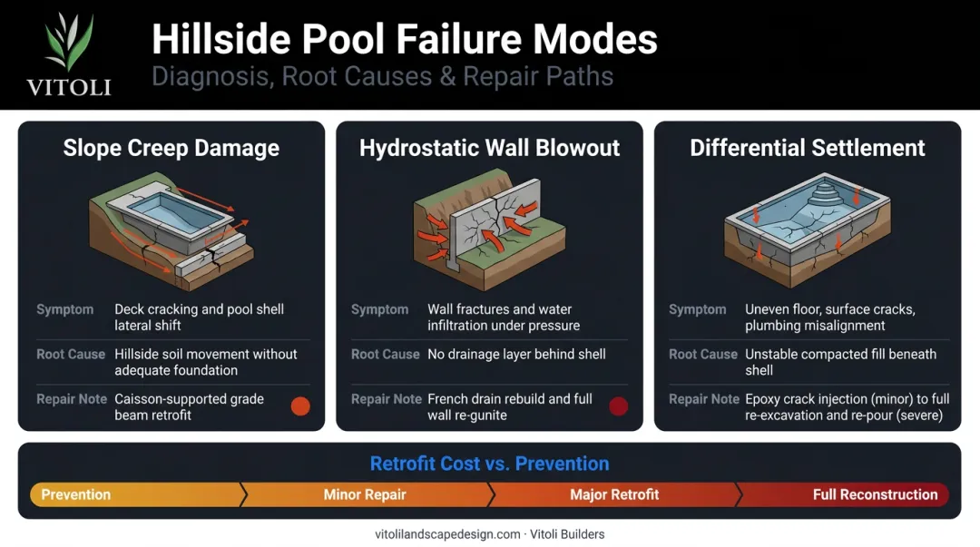 Three common hillside pool retaining wall failures causes symptoms and repair costs compared