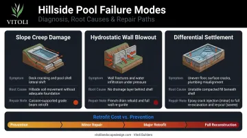 Three common hillside pool retaining wall failures causes symptoms and repair costs compared
