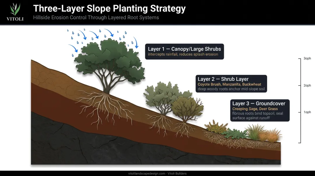 Three-layer slope planting system canopy shrub and groundcover erosion control diagram