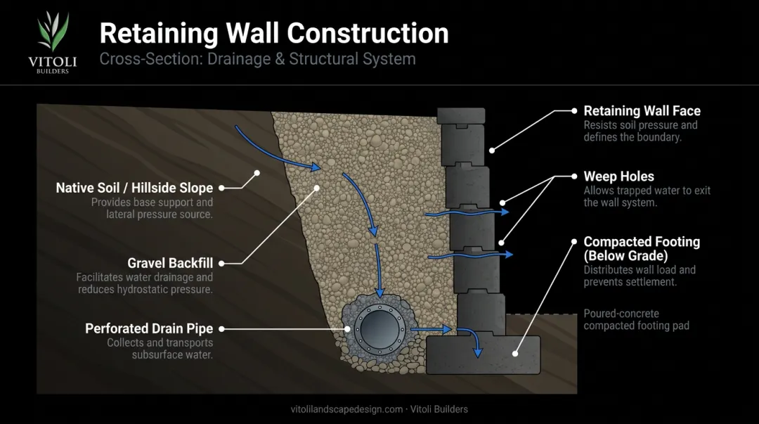 Retaining wall drainage cross-section showing gravel backfill weep holes and drain lines