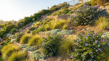 Native California slope plants including ceanothus bunch grasses and creeping sage
