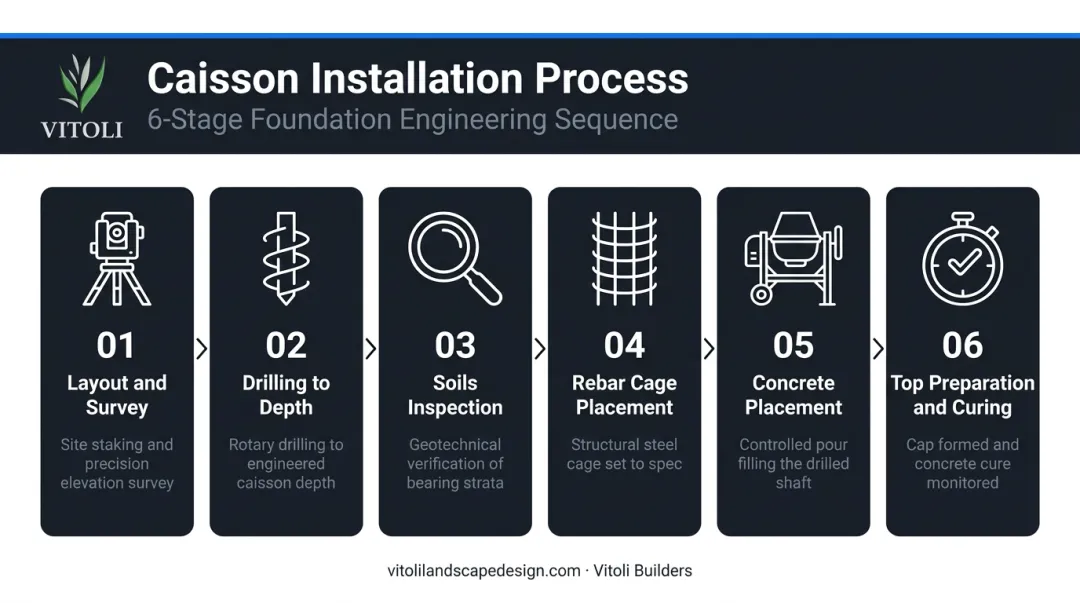 6-step drilled caisson installation process flow diagram for hillside construction