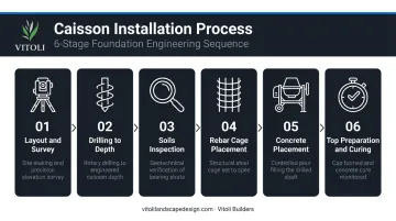 6-step drilled caisson installation process flow diagram for hillside construction