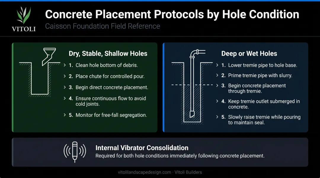Caisson concrete placement dry versus wet hole conditions decision comparison infographic