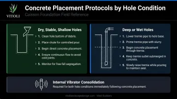 Caisson concrete placement dry versus wet hole conditions decision comparison infographic