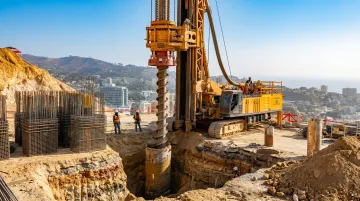 Drilled caisson excavation site showing soil conditions and drilling equipment on slope