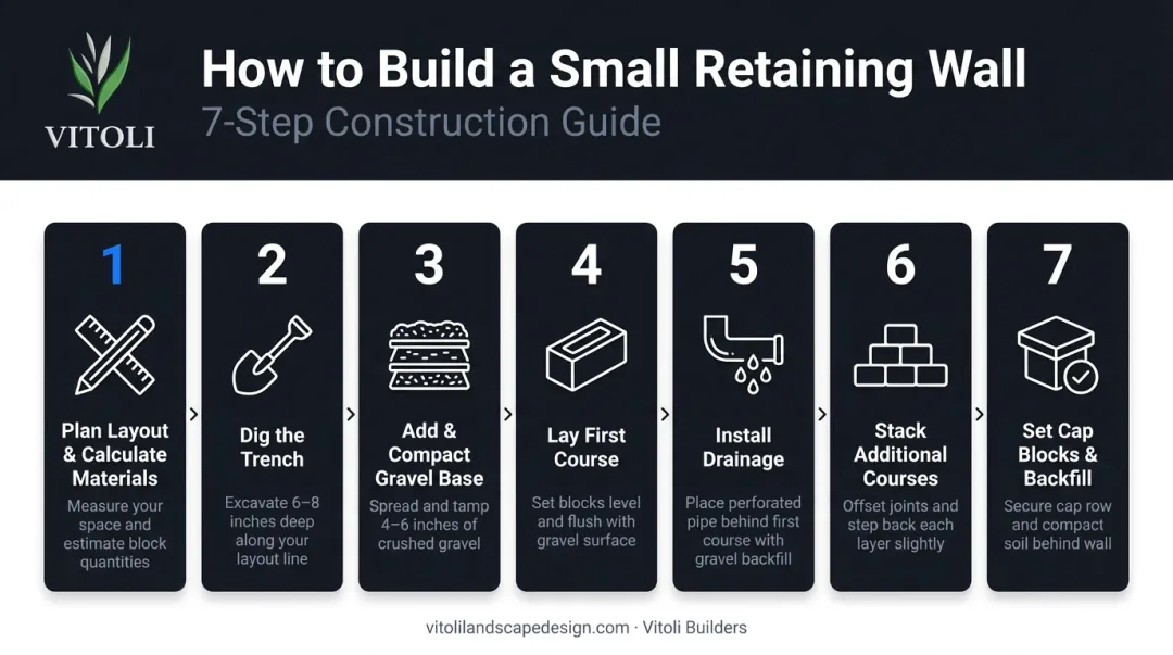 7-step retaining wall build process flow diagram with key stages