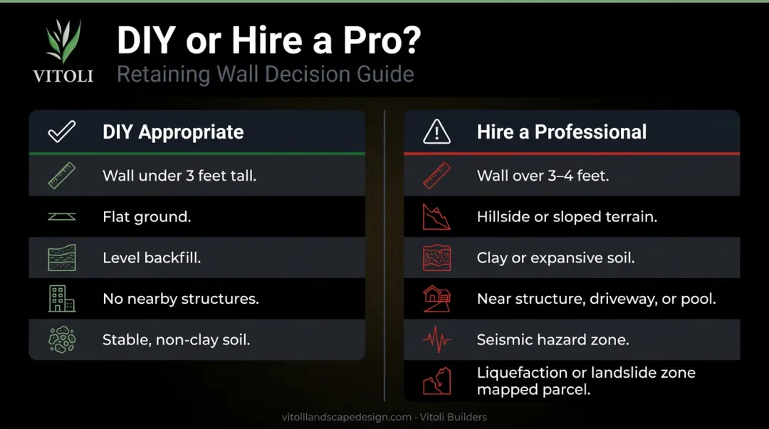 DIY versus professional retaining wall decision checklist with site condition criteria