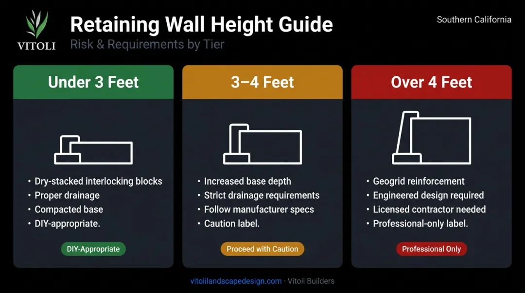 Retaining wall height requirements comparison chart DIY versus professional construction thresholds
