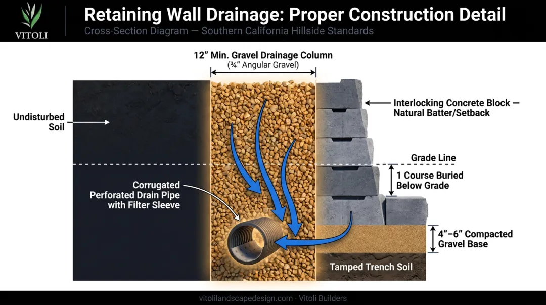 Retaining wall drainage system cross-section showing gravel backfill pipe and block layers