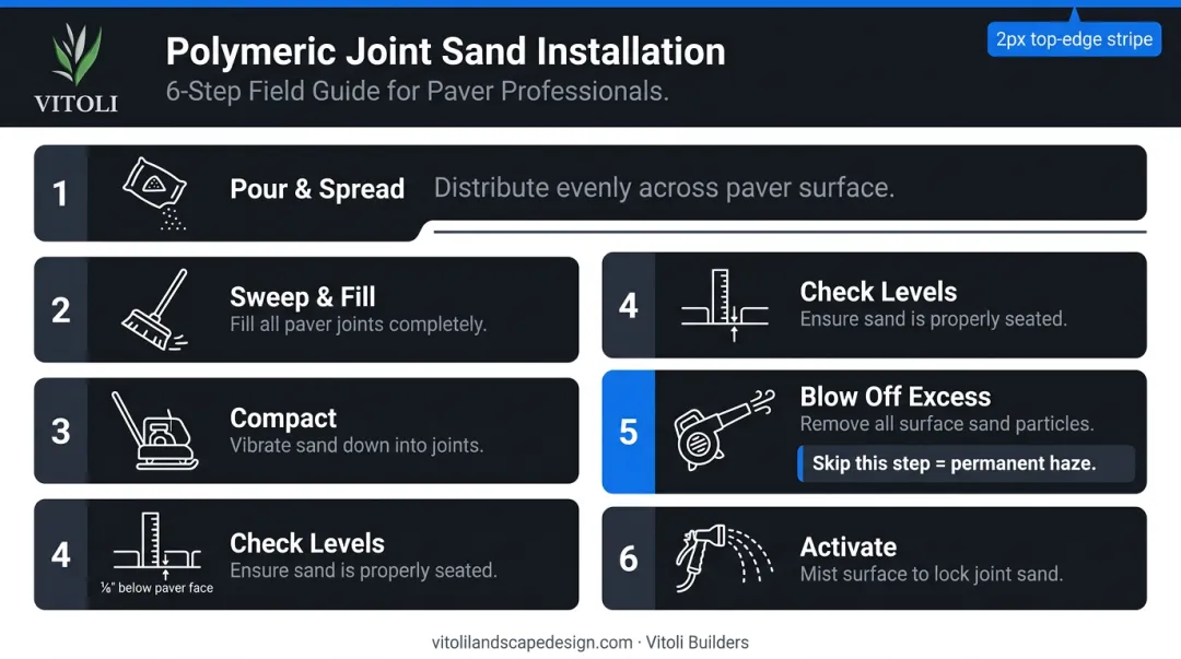 6-step polymeric joint sand application and activation process for paver patios