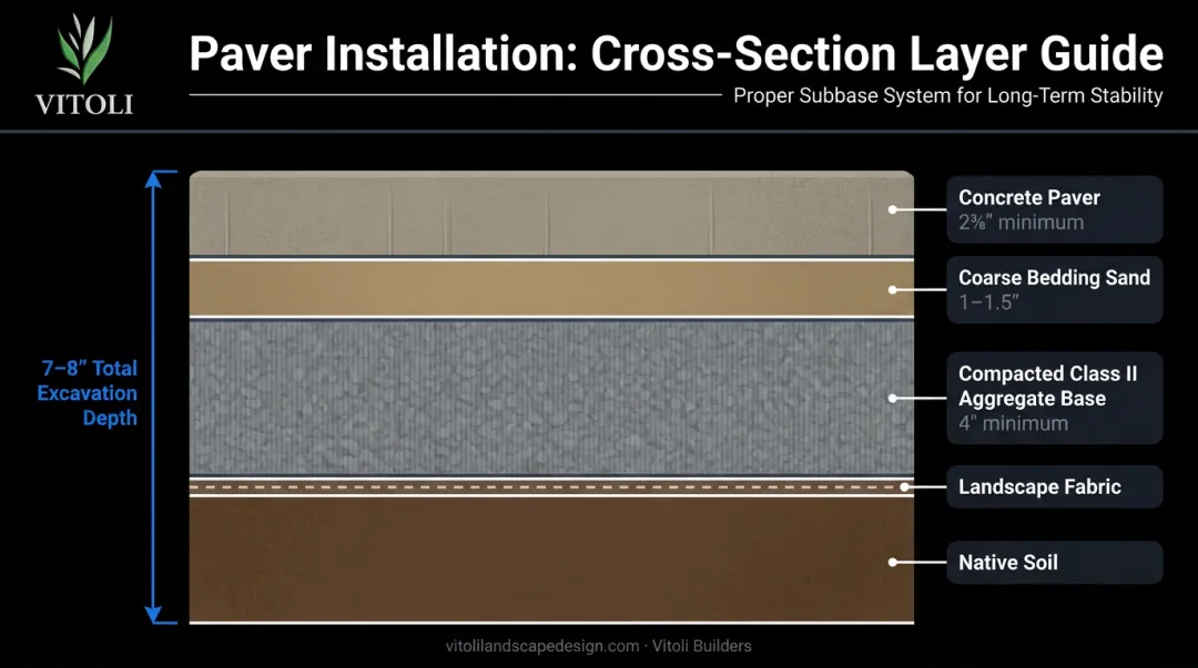 Concrete paver patio base layer system with depth measurements for pedestrian use