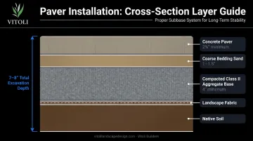 Concrete paver patio base layer system with depth measurements for pedestrian use