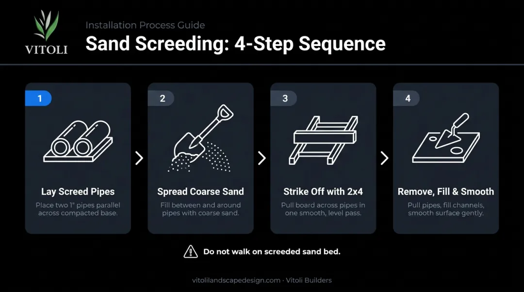 4-step sand screeding process for concrete paver bedding layer installation