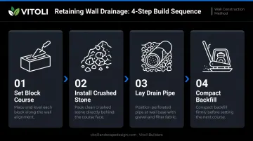 4-step retaining wall drainage installation sequence process flow infographic